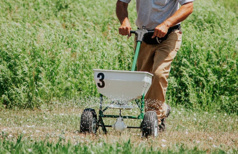 Warne Green Force employee spreading lawn fertilizer