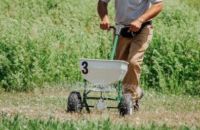 Warne Green Force employee spreading lawn fertilizer Warne Green Force employee spreading lawn fertilizer